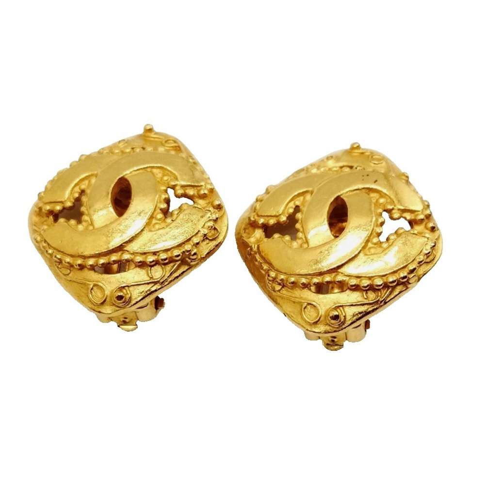 CHANEL CC Logos Rhombus Gold-Plated Clip-On Earrings 96A